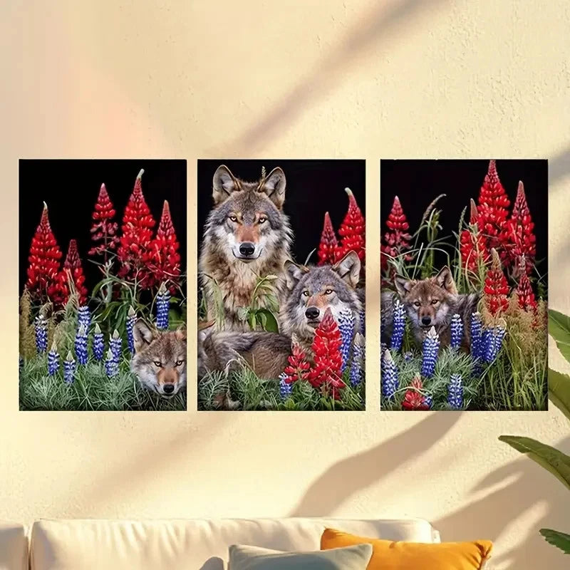 3pcs Vivid Wolves in Flower Field Triptych Wall Art Set Canvas Framed 50x70cm - High Quality Print 100% Australian Made Wall Canvas Ready to Hang