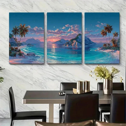 3pcs Paradise Beach At Dusk Seamless Perfect Wall Art Set Canvas Framed 50x70cm - High Quality Print 100% Australian Made Wall Canvas Ready to Hang