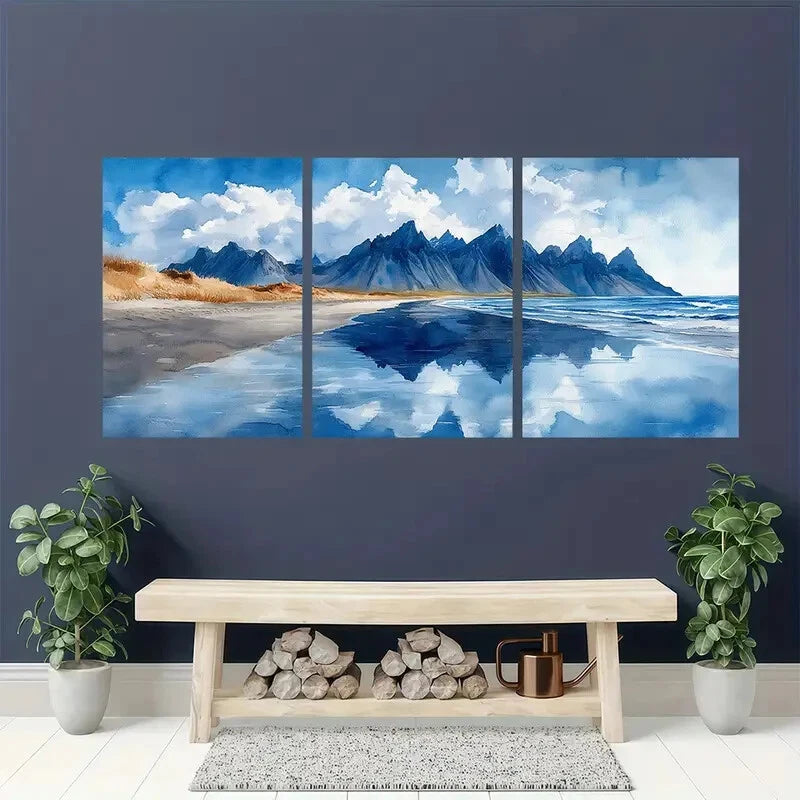 3pcs Watercolor Painting of Vestrahorn Beach Metal Print Ready to Hang Art - Bella Home Decor