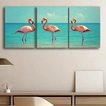 3pcs Pink Flamingos Trio Wall Art Set Canvas Framed 50x70cm - High Quality Print 100% Australian Made Wall Canvas Ready to Hang