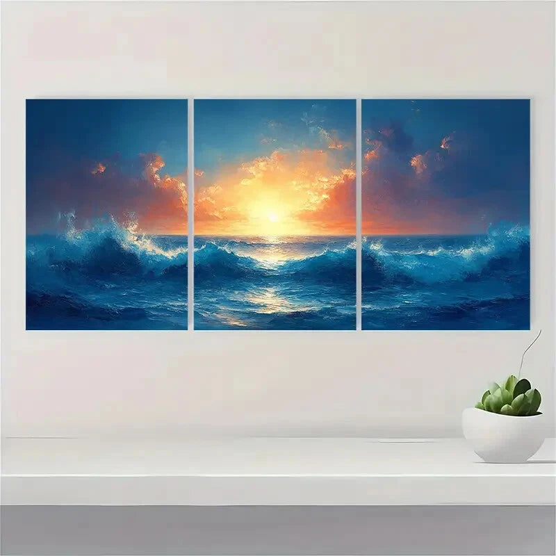 3pcs Abstract Blue Ocean Seascape Oil Paintings Metal Print Ready to Hang Art - Bella Home Decor