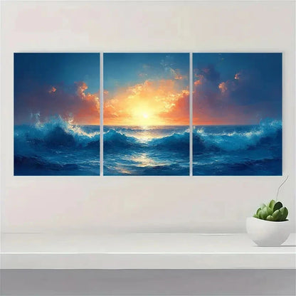 3pcs Abstract Blue Ocean Seascape Oil Paintings Metal Print Ready to Hang Art - Bella Home Decor