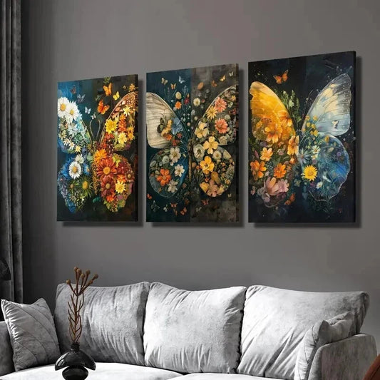3pcs Butterflies and Botanical Flowers Wall Art Set Canvas Framed 60x90cm - High Quality Print 100% Australian Made Wall Canvas Ready to Hang