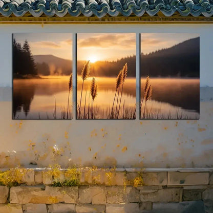 3pcs Reeds by the Lake with Sunlit Scene Metal Print Ready to Hang Art - Bella Home Decor