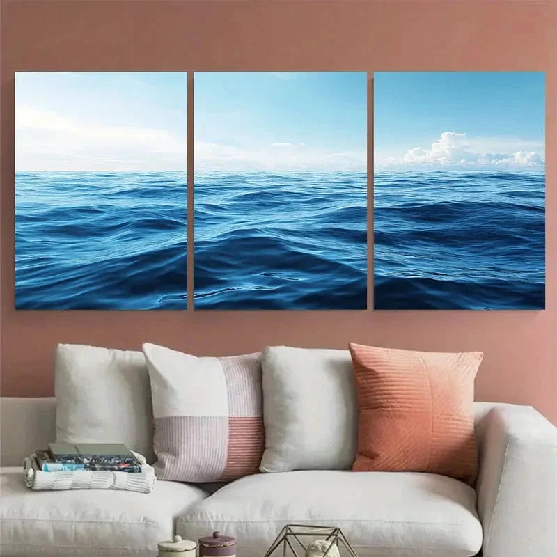 3pcs Soothing Blue Ocean Minimalist Nautical Wall Art Set Canvas Framed 60x90cm - High Quality Print 100% Australian Made Wall Canvas Ready to Hang