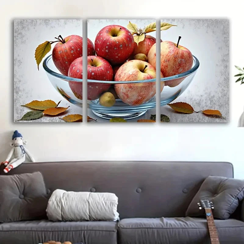 3pcs Apple With Glass Bowl & Autumn Leaves Wall Art Set Canvas Framed 50x70cm - High Quality Print 100% Australian Made Wall Canvas Ready to Hang - Bella Home Decor
