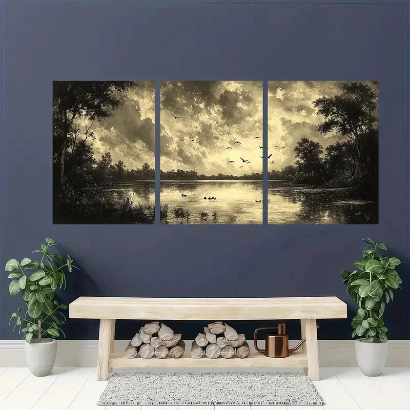 3pcs Vintage Birds by Pond Rustic Nature Metal Print Ready to Hang Art - Bella Home Decor