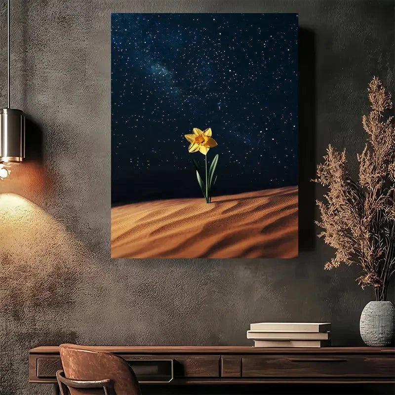 Beautiful Desert Daffodil Under Starry Sky Painting 40x60cm Metal Print Ready to Hang - Bella Home Decor