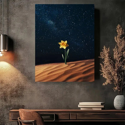 Beautiful Desert Daffodil Under Starry Sky Painting 40x60cm Metal Print Ready to Hang - Bella Home Decor