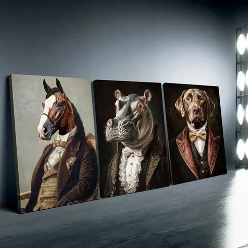 3pcs Whimsical Animals in Vintage Attire Wall Art Canvas Unframed - High Quality Print 100% Australian Made Wall Canvas