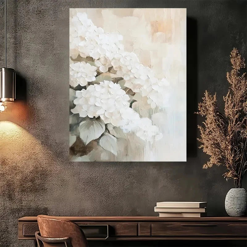 Beautiful White Hydrangea Abstract Painting 40x60cm Metal Print Ready to Hang - Bella Home Decor