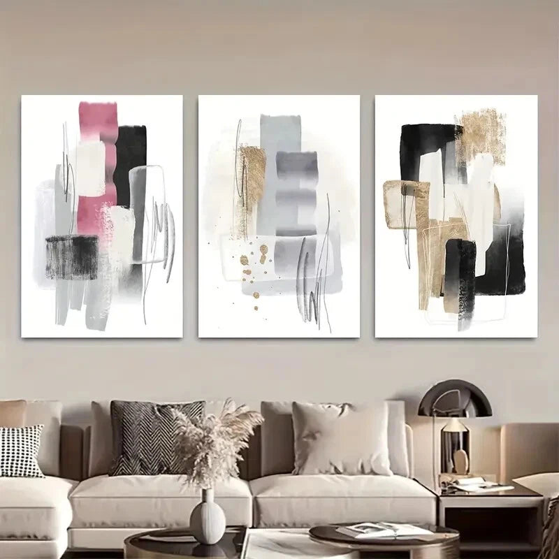3pcs Black Pink and Silvery Des Contemporary Metal Print Ready to Hang Art - Bella Home Decor