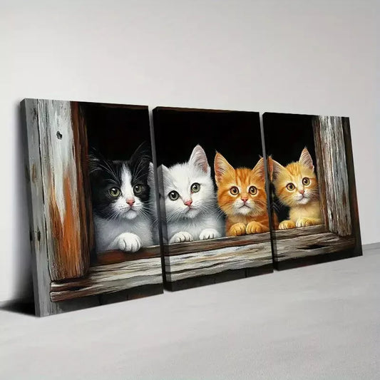 3pcs Whimsical Kitten Peeking Through Wall Art Set Canvas Framed 50x70cm - High Quality Print 100% Australian Made Wall Canvas Ready to Hang