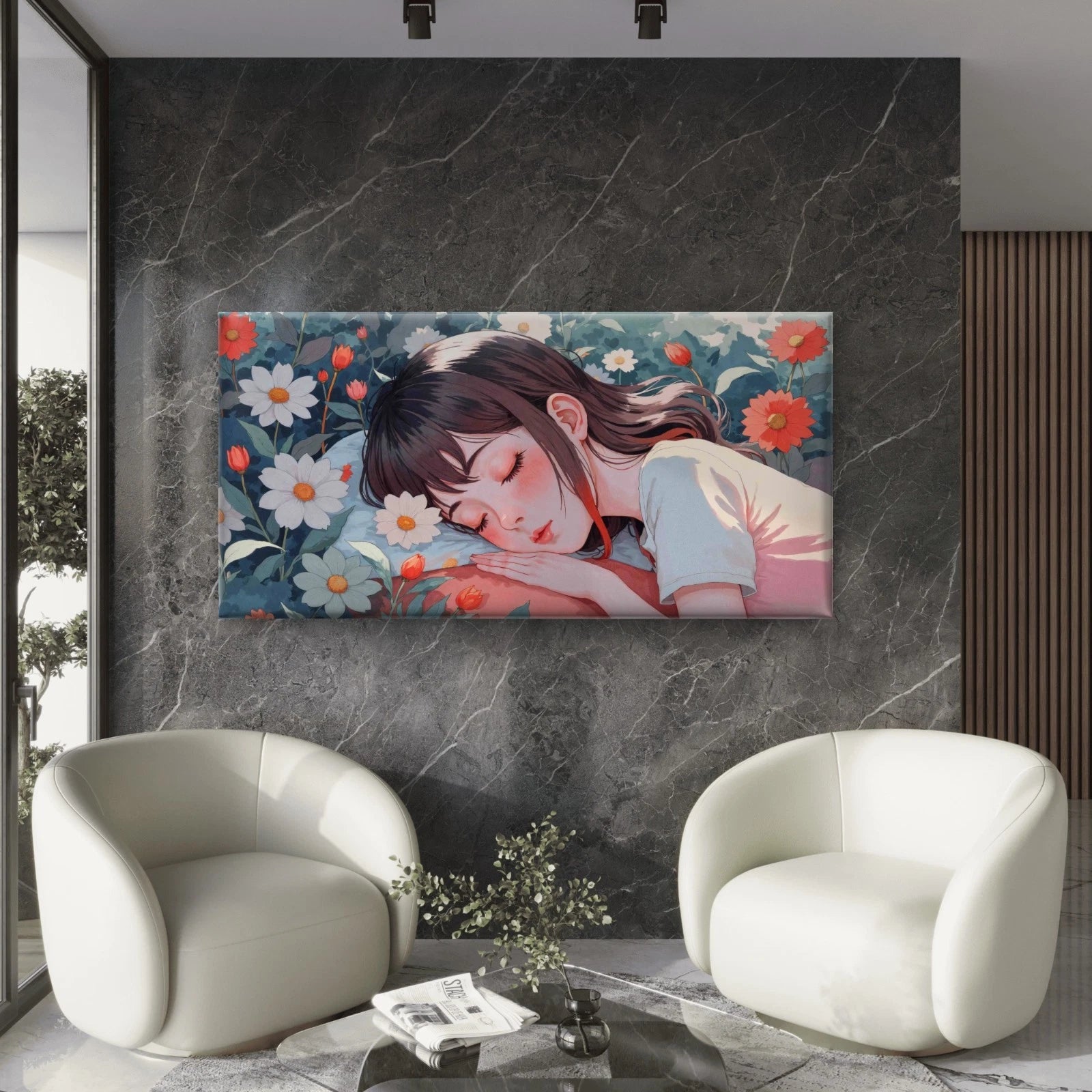 Dreaming Girl Lying On Flowers Wall Art Canvas Office Home Room Framed 120x60cm - Bella Home Decor