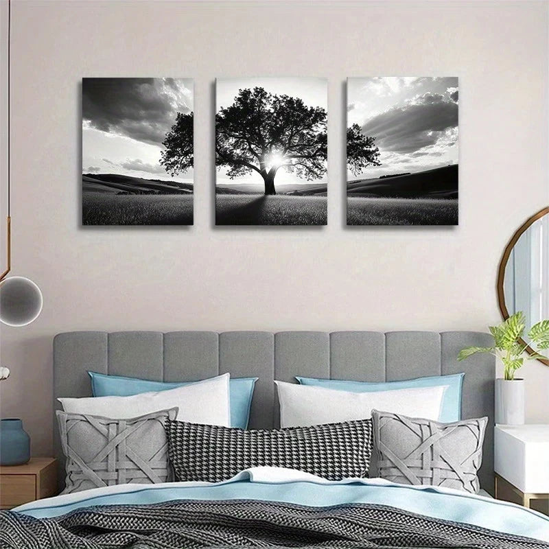 3pcs Black and White Tree Serene Sunset Metal Print Ready to Hang Art - Bella Home Decor
