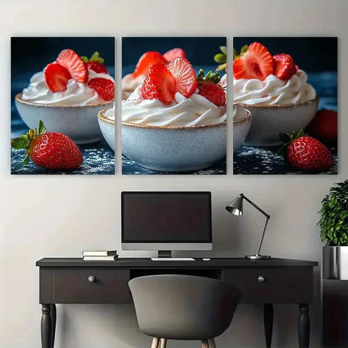 3pcs Vibrant Fresh Yogurt & Strawberry Design Wall Art Canvas Unframed – High Quality Print 100% Australian Made Wall Canvas