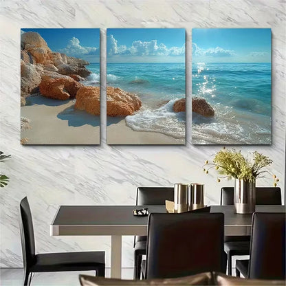 3pcs Sparkling Water Over Rocks on Sandy Shore Metal Print Ready to Hang Art