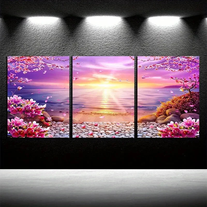 3pcs Serene Cherry Blossom Lake with Sunrise Scene Metal Print Ready to Hang Art - Bella Home Decor