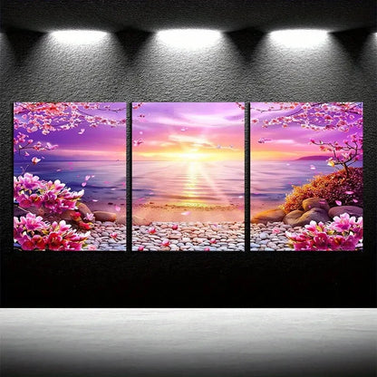 3pcs Serene Cherry Blossom Lake with Sunrise Scene Metal Print Ready to Hang Art - Bella Home Decor