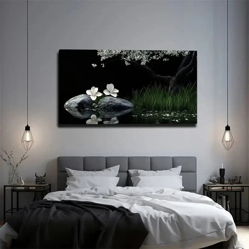 Two White Flowers Under Blossom Wall Art Canvas Office Home Room Framed 120x60cm