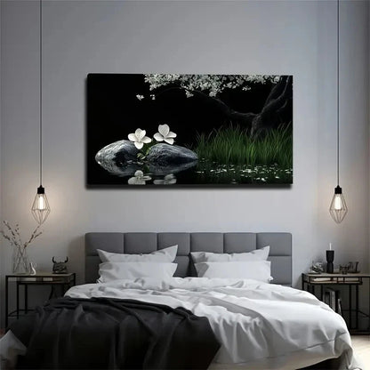 Two White Flowers Under Blossom Wall Art Canvas Office Home Room Framed 120x60cm