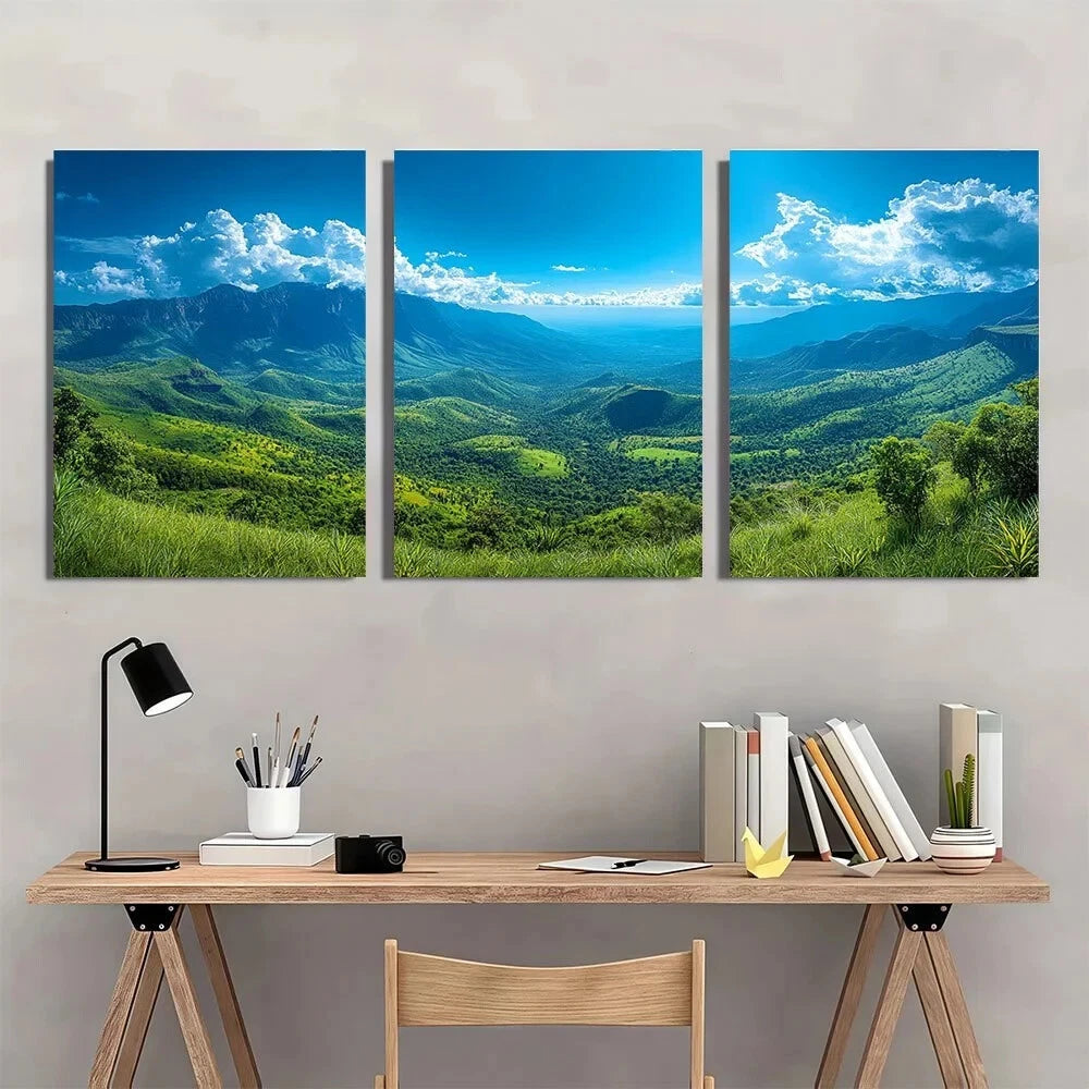 3pcs Mountain Scenery with Blue Sky & Clouds Metal Print Ready to Hang Art - Bella Home Decor
