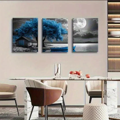 3pcs Blue Tree and Moon Lake Landscape Painting Metal Print Ready to Hang Art - Bella Home Decor