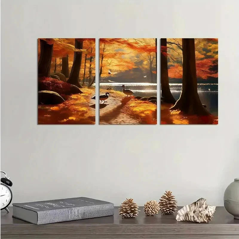 3pcs Autumn Forest Ducks River Nature Metal Print Ready to Hang Art - Bella Home Decor