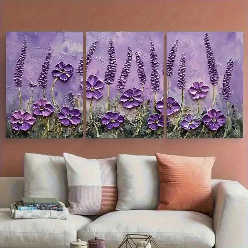 3pcs Purple Flower Floral Textured Lavender Bloom Metal Print Ready to Hang Art - Bella Home Decor