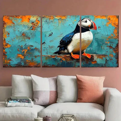 3pcs Puffin Bird Impasto Rustic Illustration Wall Art Canvas Unframed - High Quality Print 100% Australian Made Wall Canvas