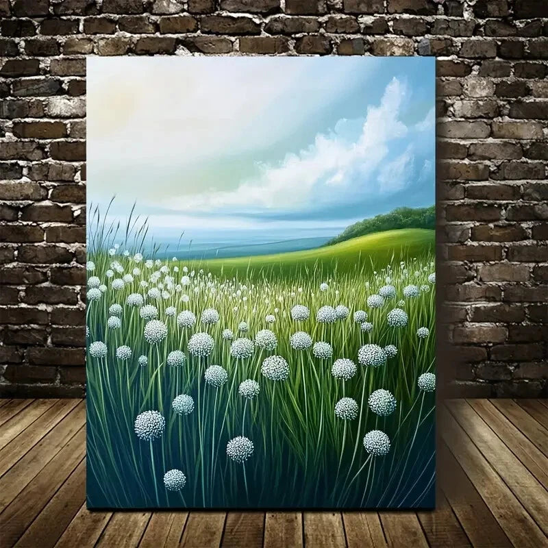 Beautiful Green Onion Grass Meadow Landscape Painting 40x60cm Metal Print Ready to Hang - Bella Home Decor