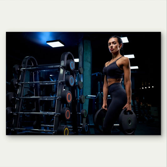 Athletic Woman Holding Gym Weights 5mm Plastic Poster Ready to Hang 90x60cm