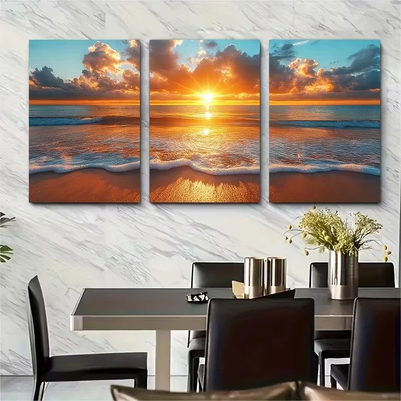 3pcs Sunrays and Ocean Clouds Scenic Metal Print Ready to Hang Art
