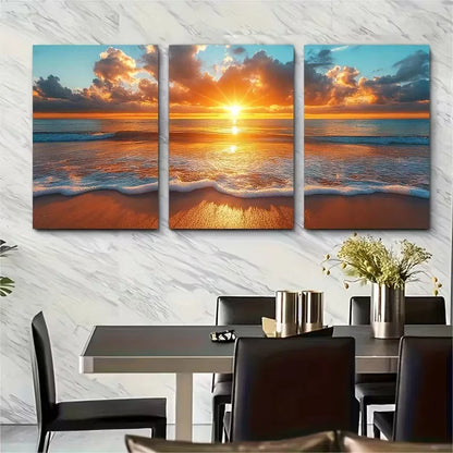3pcs Sunrays and Ocean Clouds Scenic Metal Print Ready to Hang Art