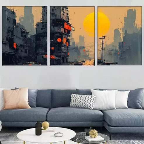 3pcs Urban Dystopian Sunset Cyberpunk Cityscape Wall Art Canvas Unframed - High Quality Print 100% Australian Made Wall Canvas