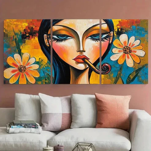 3pcs Abstract Woman Smoking Portrait  Wall Art Set Canvas Unframed - High Quality Print 100% Australian Made Wall Canvas - Bella Home Decor