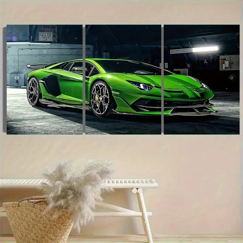 3pcs Green Sports Car in Garage Wall Art Set Canvas Framed 40x60cm - High Quality Print 100% Australian Made Wall Canvas Ready to Hang
