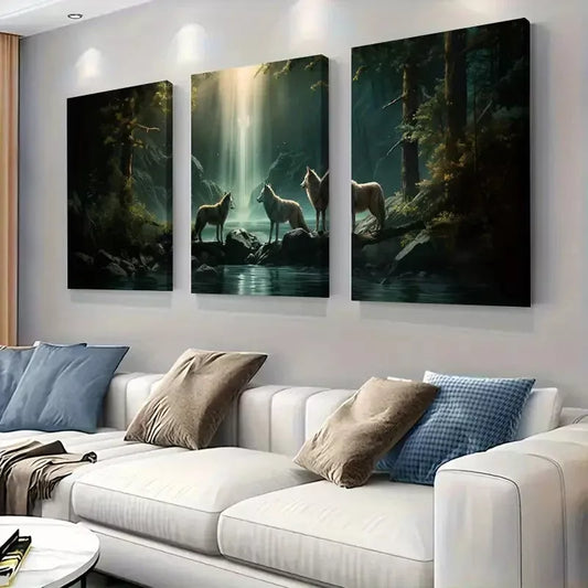 3pcs Enchanting Wolf and Waterfall Forest Art Set Canvas Framed 50x70cm - High Quality Print 100% Australian Made Wall Canvas Ready to Hang