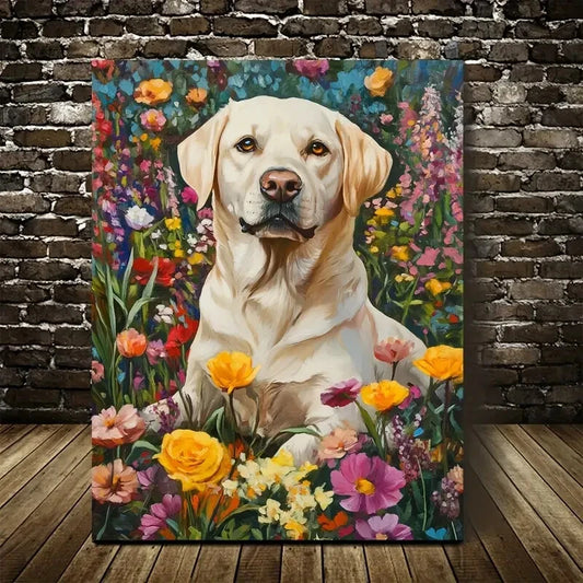Flowers And Plants Cute Labrador Retriever Painting 40x60cm Metal Print Ready to Hang - Bella Home Decor