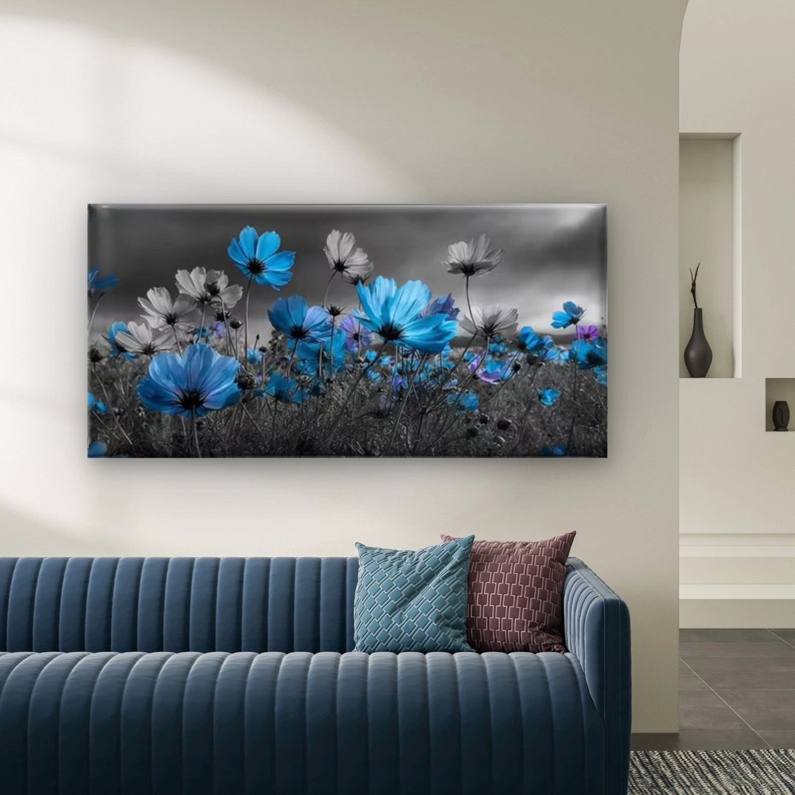 Vibrant Blue Floral Field Wall Art Canvas Office Home Room Framed 120x60cm - Bella Home Decor