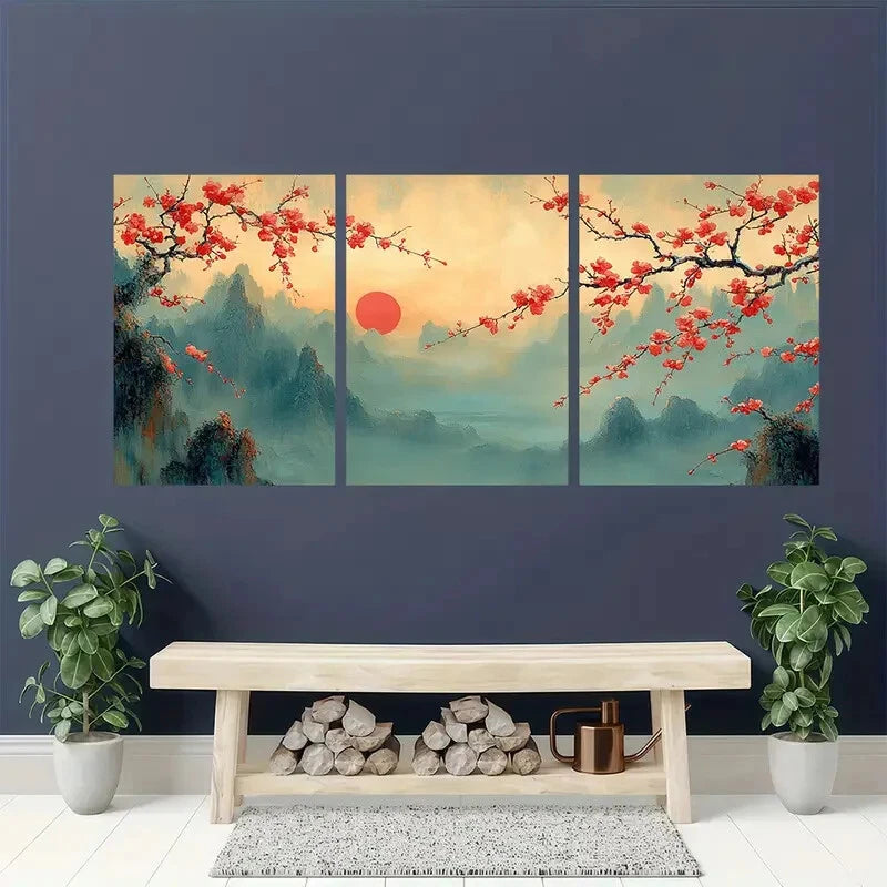 3pcs Traditional Vibrant Chinese Plum Blossom Metal Print Ready to Hang Art - Bella Home Decor