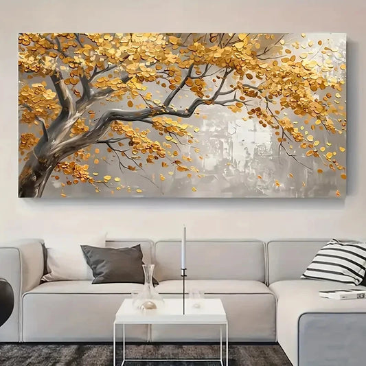 Abstract Gold Leaf Plant  wall canvas office home room framed 120x60cm - Bella Home Decor
