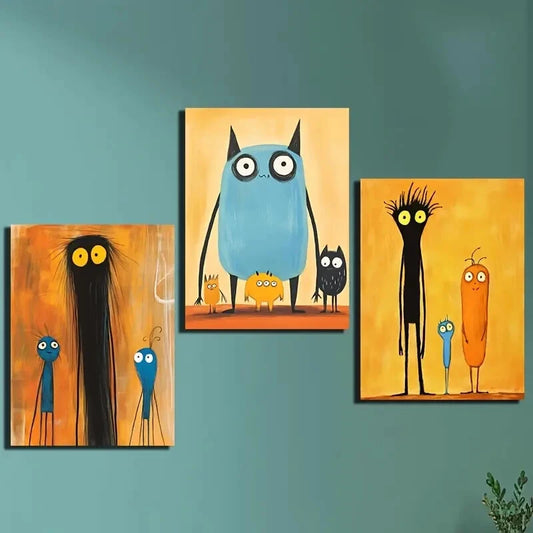 3pcs Owls, Aliens & Friends, Modern & Playful Wall Art Set Canvas Framed 40x60cm - High Quality Print 100% Australian Made Wall Canvas Ready to Hang