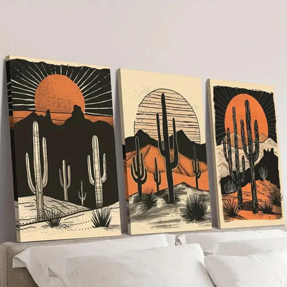 3pcs Desert Cactus Sunset Wall Art Set Canvas Unframed - High Quality Print 100% Australian Made Wall Canvas - Bella Home Decor