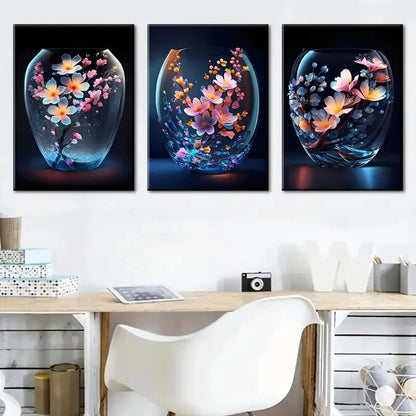 3pcs Modern Floral Flower Blue & Orange Perfect Wall Art Set Canvas Framed 40x60cm - High Quality Print 100% Australian Made Wall Canvas Ready to Hang - Bella Home Decor