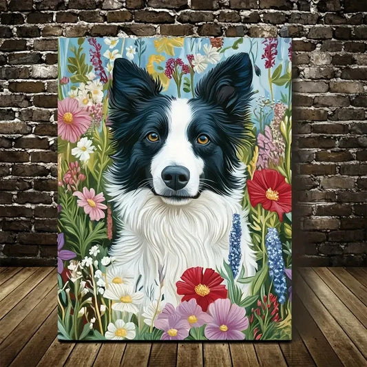 Flowers And Plants Cute Border Collie Dog Painting 40x60cm Metal Print Ready to Hang