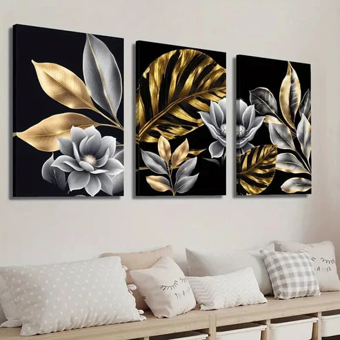 3pcs Golden Plant Leaves Floral Wall Art Set Canvas Unframed - High Quality Print 100% Australian Made Wall Canvas - Bella Home Decor