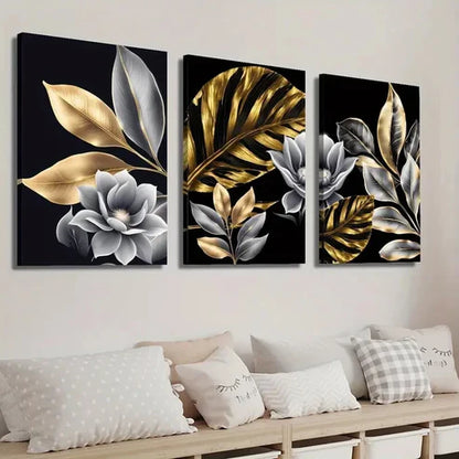3pcs Golden Plant Leaves Floral Wall Art Set Canvas Unframed - High Quality Print 100% Australian Made Wall Canvas - Bella Home Decor