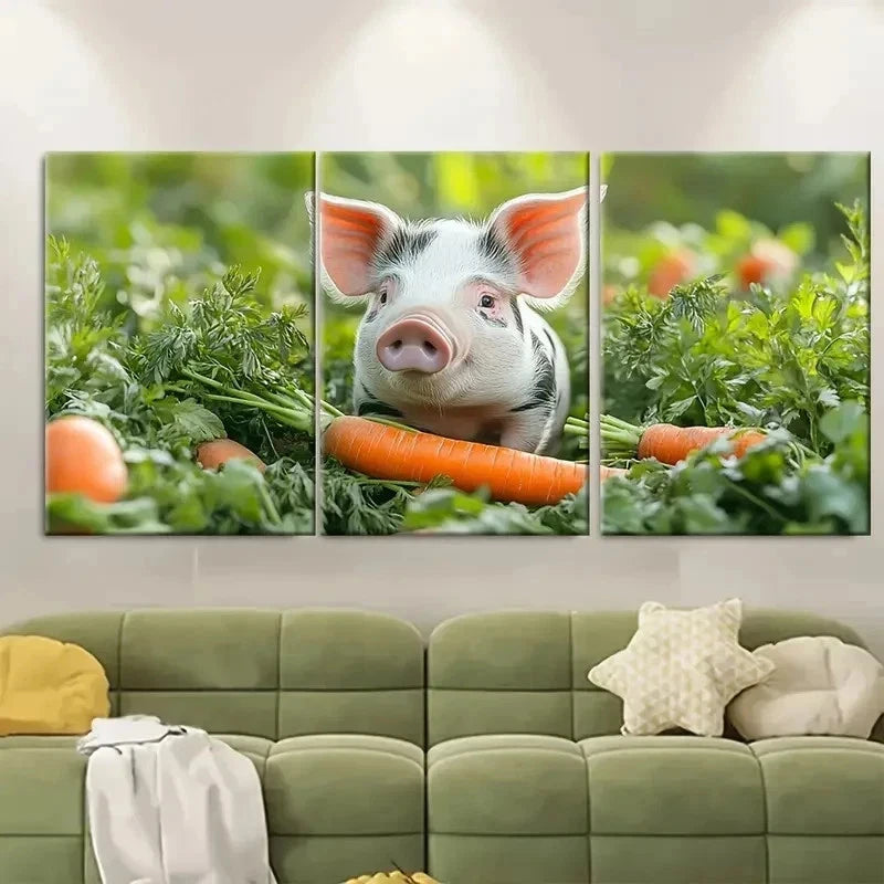 3pcs Whimsical Spotted Pig Sniffing Carrot E   Wall Art Set Canvas Framed 60x90cm - High Quality Print 100% Australian Made Wall Canvas Ready to Hang