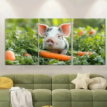 3pcs Whimsical Spotted Pig Sniffing Carrot E   Wall Art Set Canvas Framed 60x90cm - High Quality Print 100% Australian Made Wall Canvas Ready to Hang